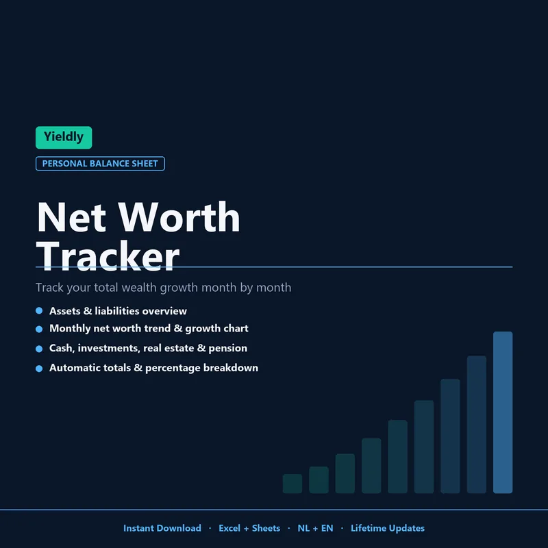 Net Worth Tracker template — personal balance sheet with assets, liabilities and monthly growth chart